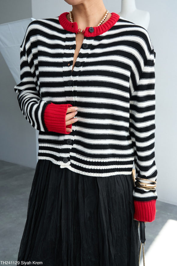 Prugasti dzemper sa crvenim detaljima ( teget)