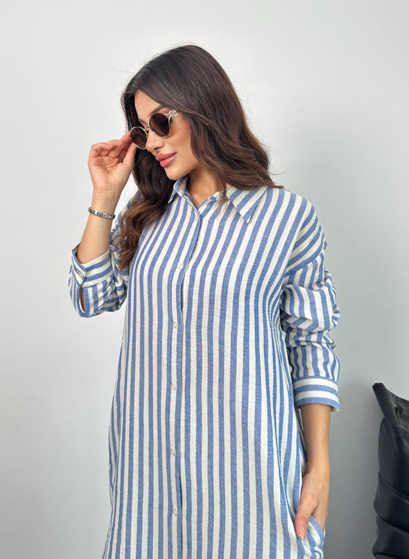 Prugasta kosulja haljina plava - Oversize model